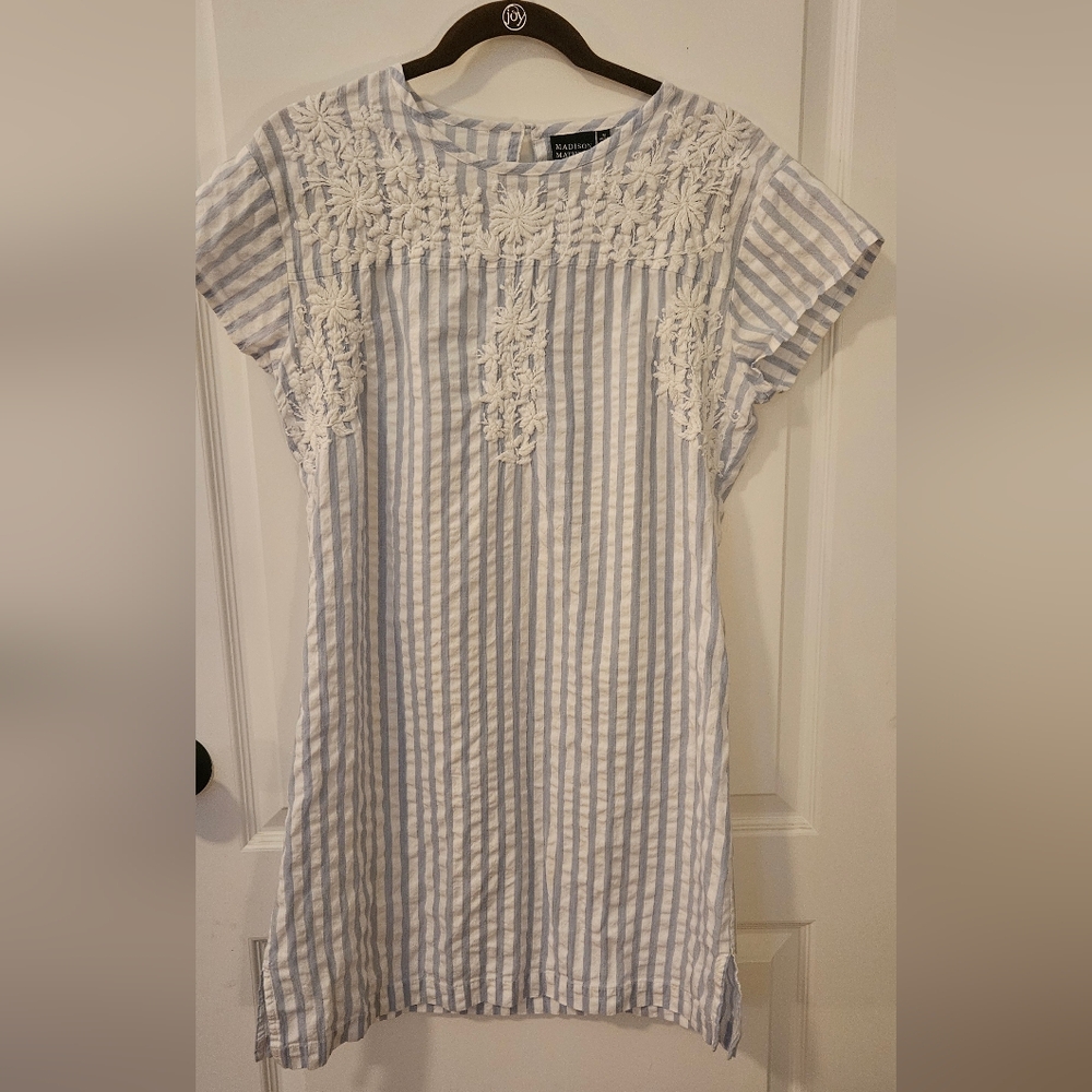 Madison Matthews Striped Blue and White Dress with Floral Embroidery- MEDIUM